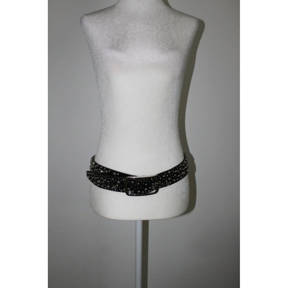 Black‎ Genuine Leather Studded Suede Rhinestone Belt Silver Buckle Size L 100377